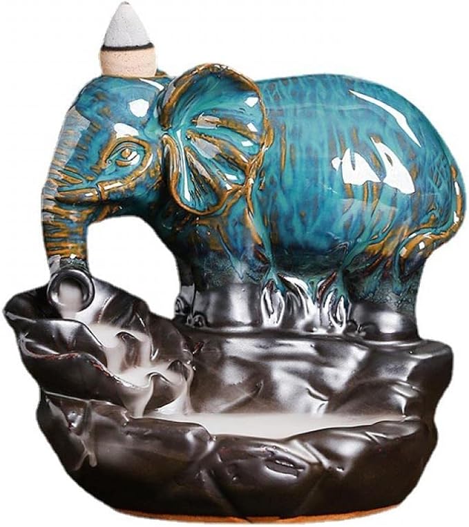 Comeon Backflow Incense Burner Elephant Incense Holder Handmade Ceramic Incense Waterfall Burner Censer + 20 Backflow Incense Cones 30 Incense Sticks 1 Tweezer 1 Mat for Meditaion Home Decor