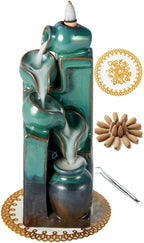 Unique Cascading Basins Ceramic Waterfall Incense Holder, Paired with a Pack of Backflow Incense Cones. (Blue)