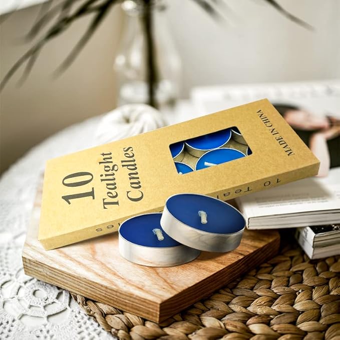 10 Pack Tea Candles Wedding Party and Home Decoration Votive Parties Tealight Small Wishing Bulk with 1.5-2 Hours Extended Burn Time Mini for Birthday Emergency Family (Blue)