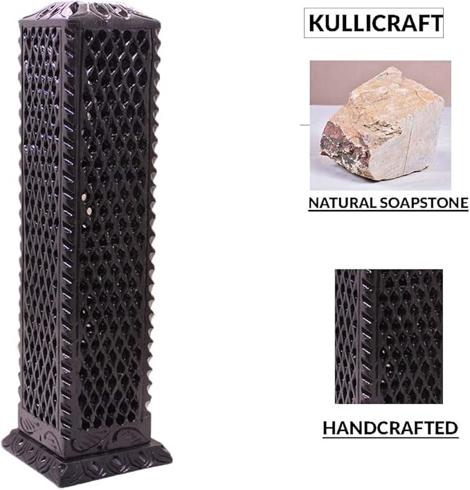 Handmade Marble Black Soapstone Incense Stick Burner | Candle Stick Holder | Tea Light Burner - Perfect Jaali Carving for Gifting. Decorative Home and Kitchen Decor (3 x 3 x 11 Inches).