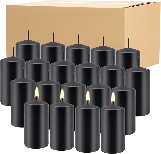 Set of 20| 2 “x4” Tall Black Pillar Candles, Unscented. Buy Bulk. Great for Home Decor, Weddings, Emergency Lights, Spas, Parties, Halloween.