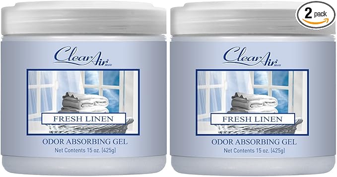 Clear Air Odor Absorber Gel - 15 oz, Pack of 2 - Air Freshener Absorbs and Eliminates Odors in Bathrooms, Cars, Boats, RVs and Pet Areas - Made with Essential Oils - Fresh Linen Scent