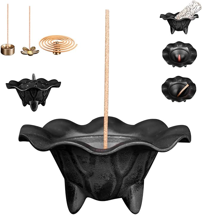 AIMITOFO Cast Iron Incense Burner - 4 in 1 Incense Burner Holder Set - Lotus Leaf Shape Ash Catcher with Lid for Ritual Purpose, Decor, Etc...