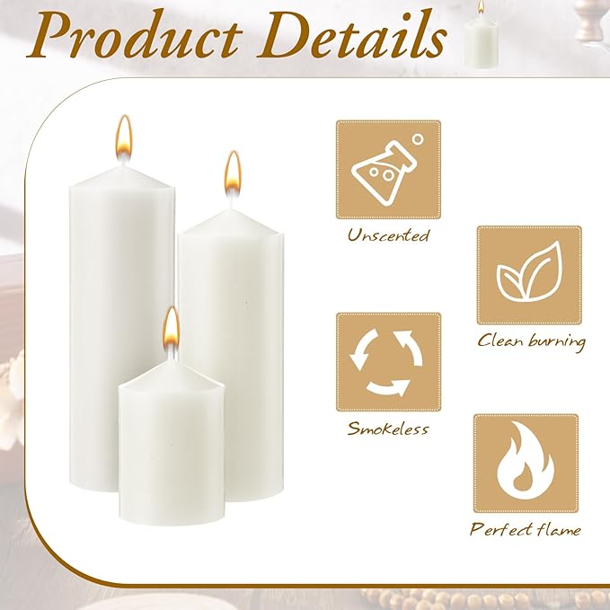 MTLEE 6 Pcs Pillar Candles 3 Set 2 in x 3, 6, 8 Inch Smokeless Dripless Unscented Pillar Candles Long Clean Burning Wax for Wedding Dinner Party Spa Emergency Ceremony Home Decor(White)