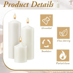 MTLEE 6 Pcs Pillar Candles 3 Set 2 in x 3, 6, 8 Inch Smokeless Dripless Unscented Pillar Candles Long Clean Burning Wax for Wedding Dinner Party Spa Emergency Ceremony Home Decor(White)