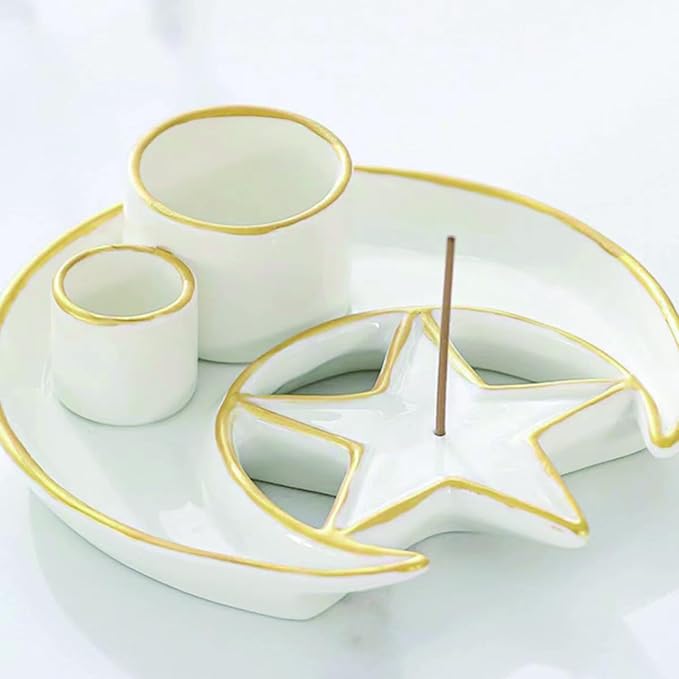 Incense Holder,4 in 1 Palo Santo Holder for Burning Sage and Sticks,5.9" Ceramic Incense Burner,White Candle Holder Ash Catcher Tray for Meditation Home Zen Decor Gift