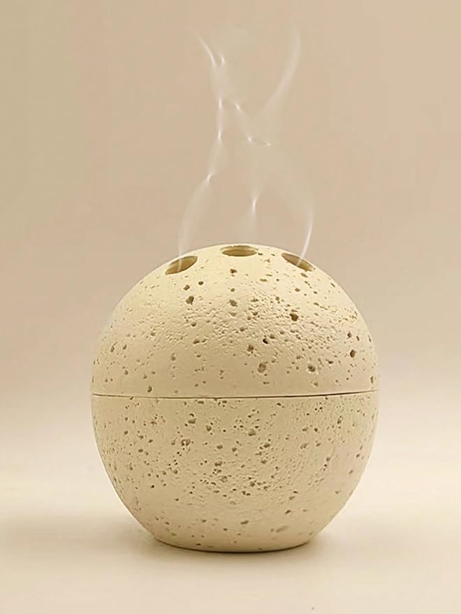 9 Holes Handmade Round Incense Resin Burner Holde, Minimalist Sphere Incense Frankincense Burner, Ravertine Incense Cone Holder for Yoga Meditation Spa Reading (Beige)