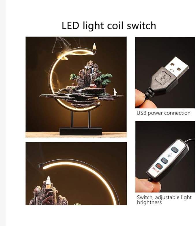Backflow Incense Waterfall Fountain Burner with Adjustable LED Light Ring,Resin Rockery Landscape Ornament insence-Stick Holder,Compatible with Cone and Stick Incense (Grayish Green)