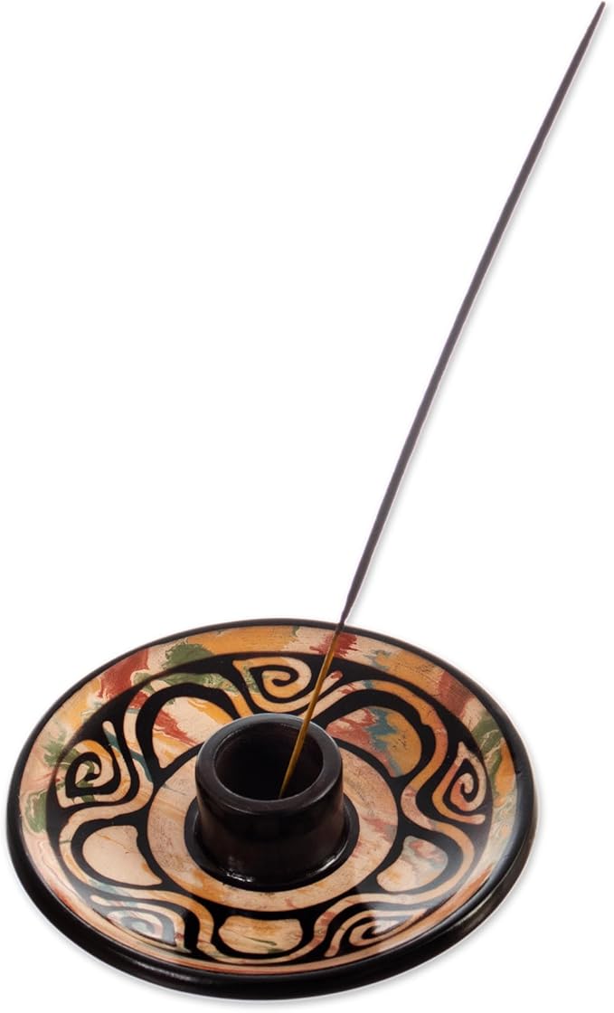 NOVICA Artisan Handmade Ceramic Incense Holder Round Warm Hues Black Multicolor Peru 'Vics Spirit'