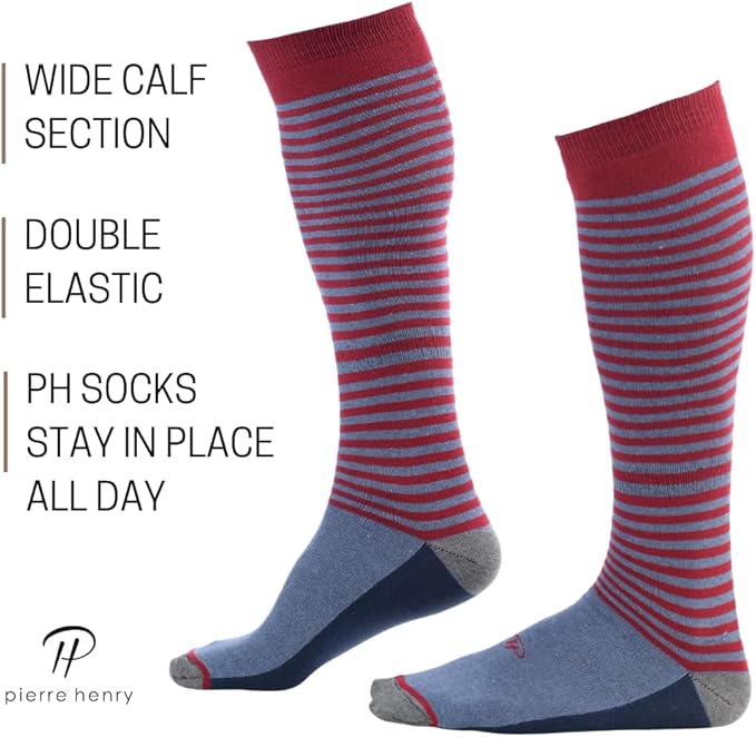 Pierre Henry Over the Calf Socks for Men (3 pairs) | Cotton Over the Calf Dress Socks | Long Socks Designed to Stay up 12+ hr