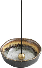 Asayu Japan Small Mini Incense Holder for Sticks 3.3 inch (83mm), Made in Japan Ceramic Ash Catcher & Brass Incense Burner Set for Relaxation, Yoga - Small Mini Traditional Japan Incense Holder
