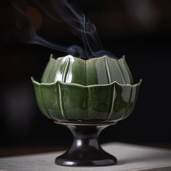 Ceramic Incense Holder with Lid,Lotus Incense Cone Holder for Coil Incense and Powder Incense,Mediation Gift,Home Decor (Deep Green)