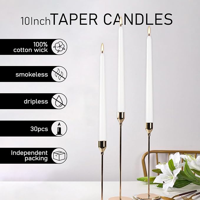 30 Pack of 10 Inch White Unscented Taper Candles-8 Hour Long Burning Dripless Table Candles for Wedding, and Home Decoration