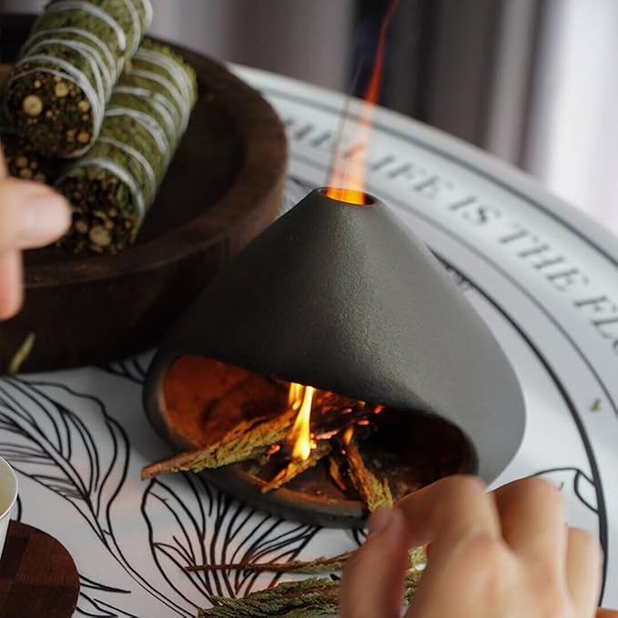 Ceramic Palo Santo Burner, Mini Chimney Incense Holder with Ash Catcher, Aromatherapy Meditation Home Decor for Anxiety Relief, Black