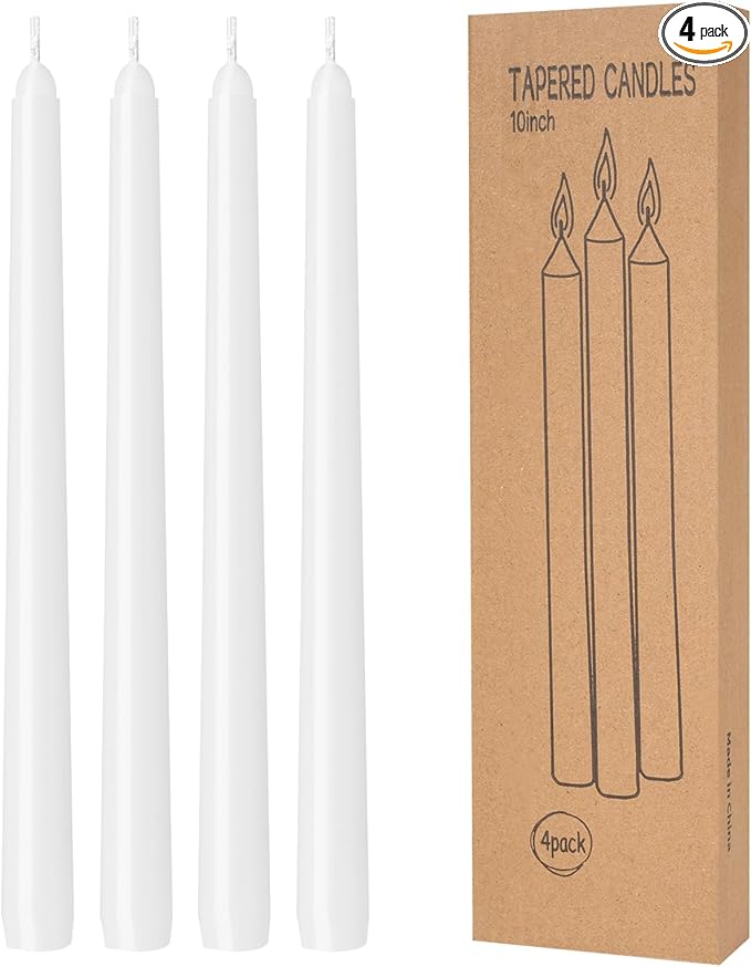 4 Pack White Taper Candles - Taper Candles 10 Inch Dripless, Smokeless & Unscented - 8 Hours Long Burning - Hand Poured Tall Candlesticks - Ideal for Weddings, Dinner Parties, and Home Decor