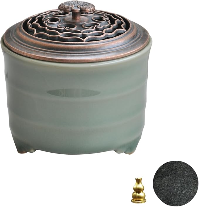 Ceramic Incense Holder with Beauty Lid,Coil Incense Burner for Cone and Powder Incense,Mediation Gift,Home Decor（Light Green）