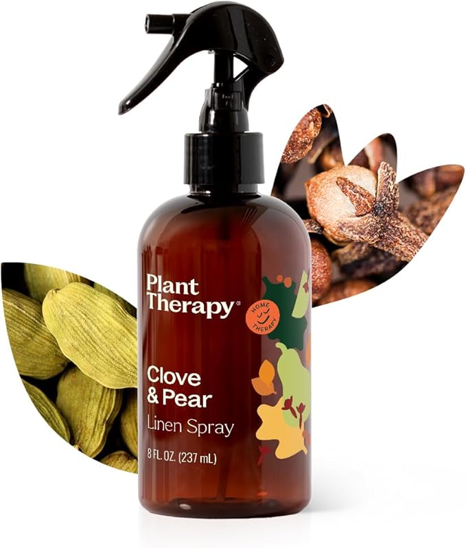 Plant Therapy Clove & Pear Fall Linen Spray 8 oz A Fun, Feel-Good Scent with Fall Flair, Adds Cozy Charm & Cheerful Vibes, Perfect for Spritzing Linens, Curtains, and Cozy Corners