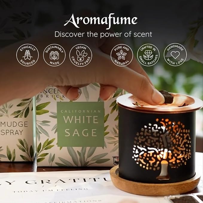 White Sage Incense Brick Gift Set by Aromafume | 12 Bricks & Tree of Life Exotic Burner | White Sage with Rose, Lavender, Palo Santo, Sandalwood, Frankincense | Sage for Cleansing, Smokeless Smudging