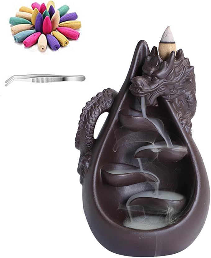 Ceramic Waterfall Backflow Incense Burner Set with 45 Cones - Dripping Water Dragon Statue - Aromatherapy Decor for Yoga, Meditation, Spa, Office, Bedroom - Relaxing Zen Gift