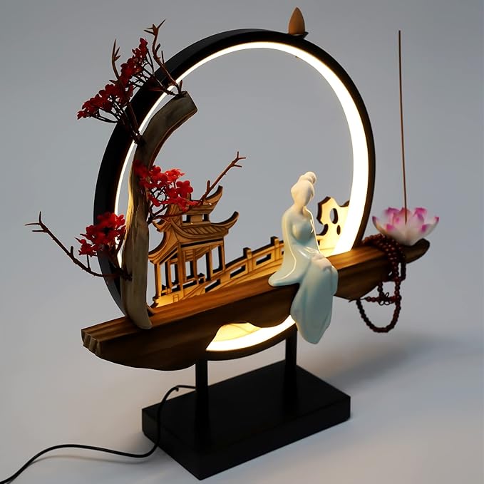 Backflow Incense Holder with LED Light and Plum Blossom, Ceramic Lady Chinese Style Backflow Incense Burner Perfect for Relaxing or Home Decor