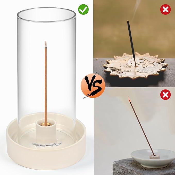 Versatile Incense Burner Holder - Ideal for Incense Sticks, Palo Santo, Sage & More! Elegant Design with Removable Glass Cover to Prevent Ash Fallout