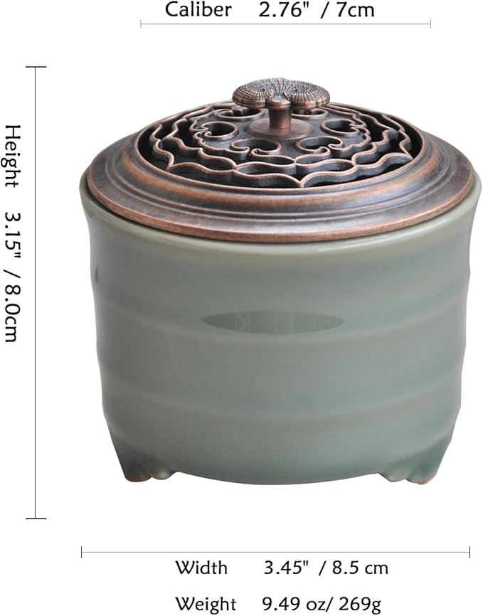 Ceramic Incense Holder with Beauty Lid,Coil Incense Burner for Cone and Powder Incense,Mediation Gift,Home Decor（Light Green）