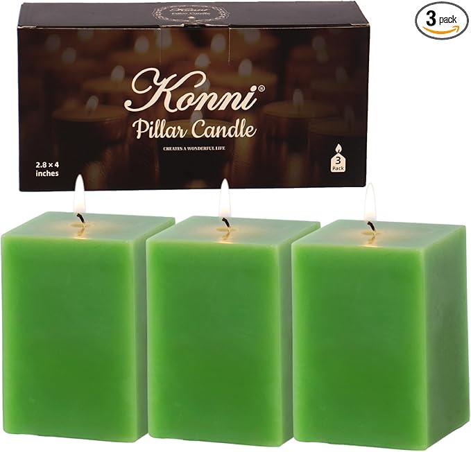 KONNI Square Green Pillar Candles Set of 3, 2.8"x 4" Unscented Pillar Candles Bulk, 30 Hours Long Burning Candles, Smokeless and Dripless Large Candle for Wedding, Home Decoration, Parties, Spas