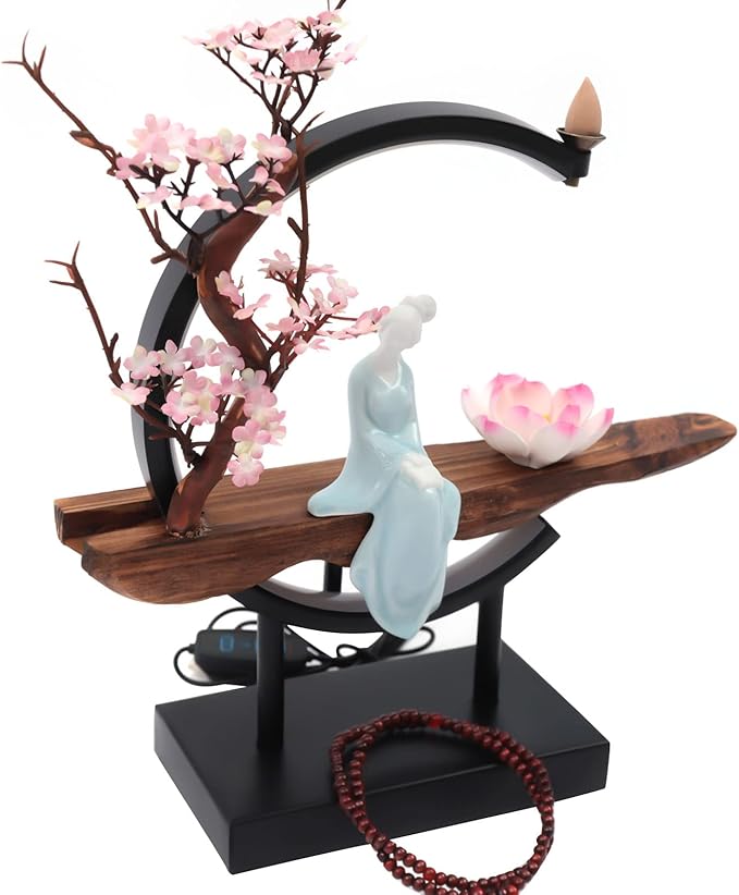 Backflow Incense Holder with LED Light, Chinese Style Ceramic Backflow Incense Burner Perfect for Relaxing or Home Decor (Chinese Style B)