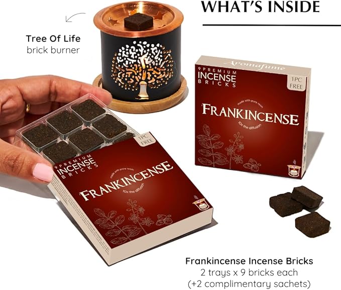 Frankincense Incense Bricks & Tree of Life Exotic Burner by Aromafume | 2 Trays x 9 Bricks | Boswellia Carterii & Boswellia Serrata Extract, Native to East Africa & India | Low-Smoke & Non-Toxic