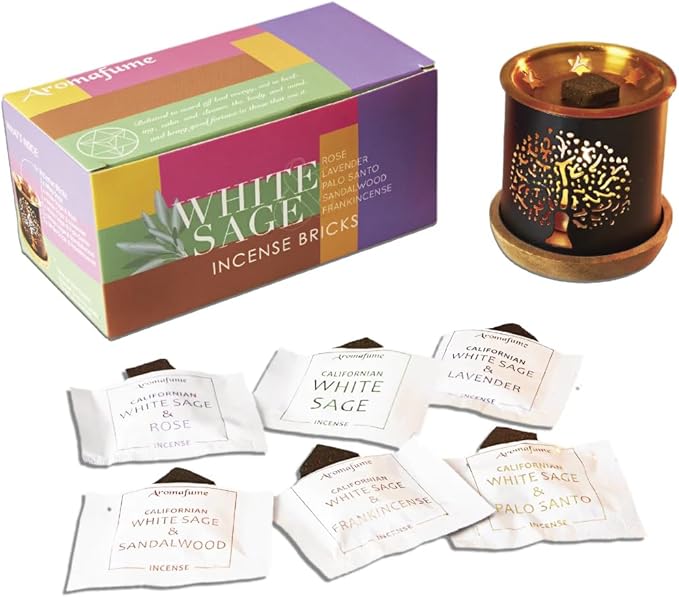 White Sage Incense Brick Gift Set by Aromafume | 12 Bricks & Tree of Life Exotic Burner | White Sage with Rose, Lavender, Palo Santo, Sandalwood, Frankincense | Sage for Cleansing, Smokeless Smudging