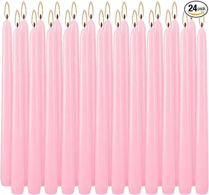 10 Inch Pink Taper Candles Set of 24, Dripless and Unscented Candle Sticks for Dinner, Shabbat, Halloween, Christmas, Wedding, 8 Hours