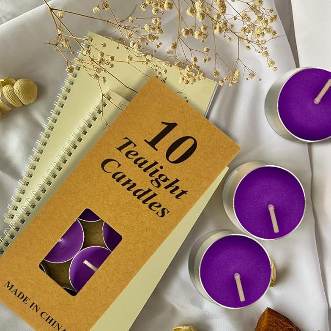 10 Pack Tea Candles Wedding Party and Home Decoration Votive Parties Tealight Small Wishing Bulk with 1.5-2 Hours Extended Burn Time Mini for Birthday Emergency Family (Purple)
