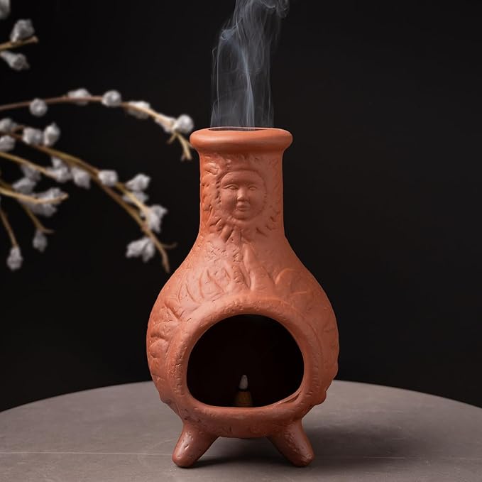 Handcrafted Terracotta Palo Santo Holder with Sun Face Design - Mini Chiminea Incense Burner for Sage & Copal - Thoughtful Gifts for Meditation, Yoga, Aromatherapy
