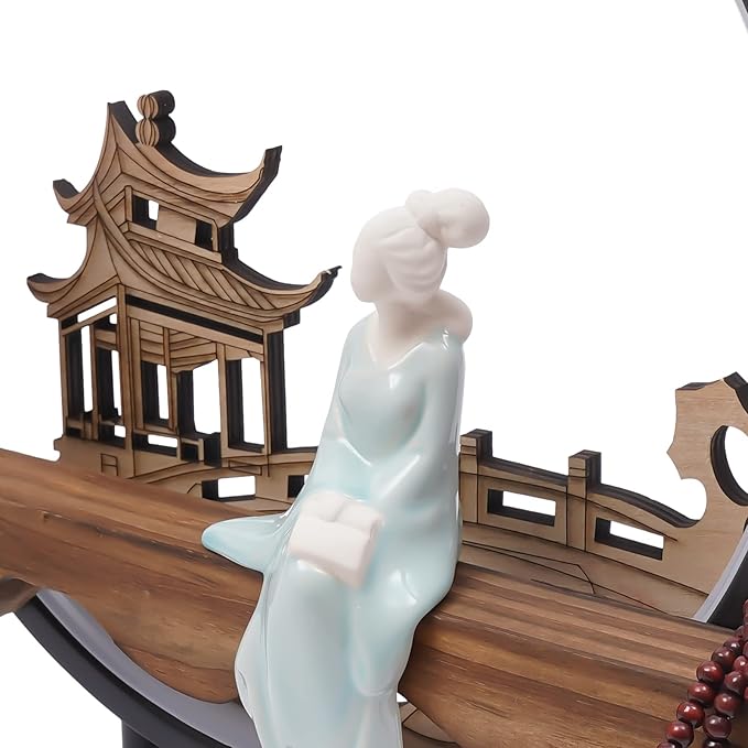 Backflow Incense Holder with LED Light and Plum Blossom, Ceramic Lady Chinese Style Backflow Incense Burner Perfect for Relaxing or Home Decor