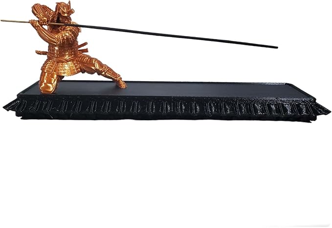Samurai Incense Holder, Incense Burner with Storage Box, Ash Catcher, Warrior Incense Burner for Aromatherapy, Meditation, Yoga (Silk-Copper Samurai & Black Box)