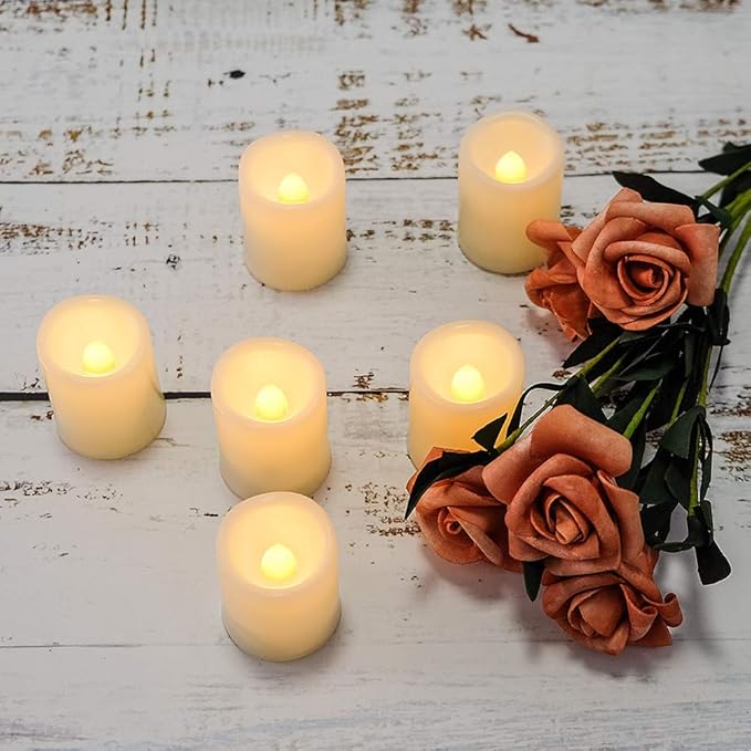 Eldnacele Flameless Flickering Votive Battery Operated Tealight Candles with Remote Control, Warm White Light Realistic Outdoor LED Candles Bulk Set of 6 for Parties Decoration(Batteries Included)