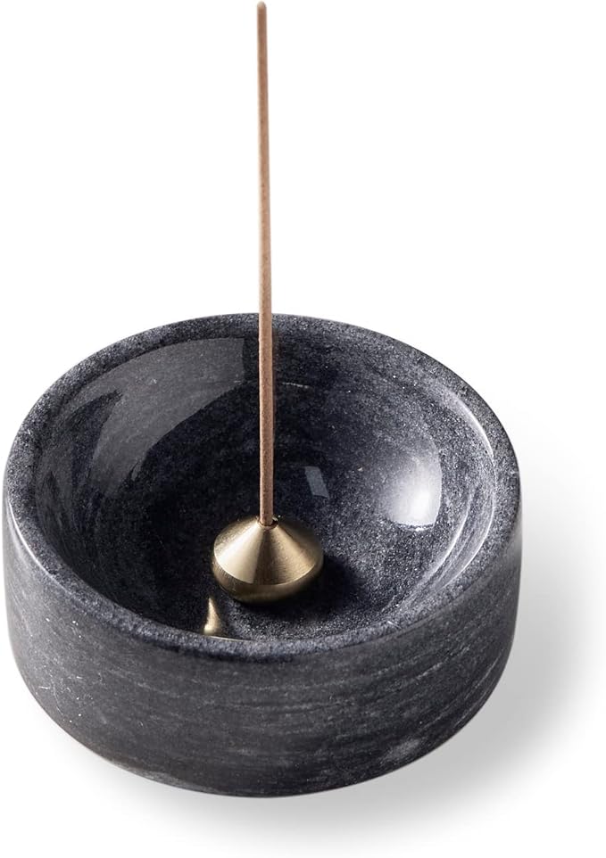 100% Marble Incense Holder Set, Stick Burner, Cone Ash Catcher Bowl, Japanese Incense Stand with Sandalwood Sticks and 2 Brass Burners, Mini-3”, Zen,Gray
