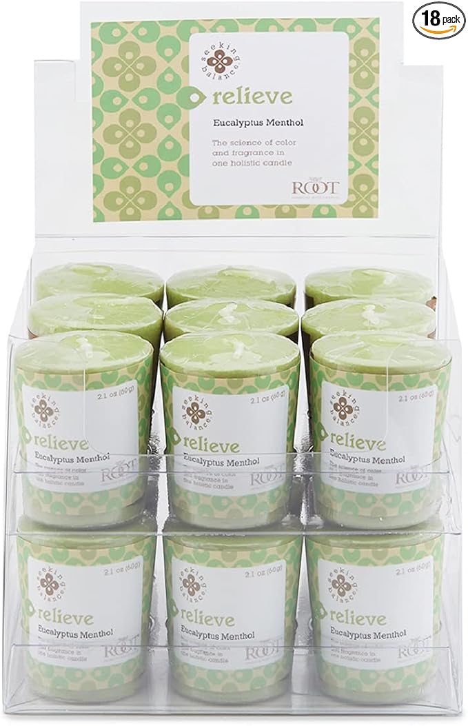 Root Candles Seeking Balance Spa Candle Aromatherapy Candles, Votives, Relieve: Eucalyptus Menthol, 18-Count