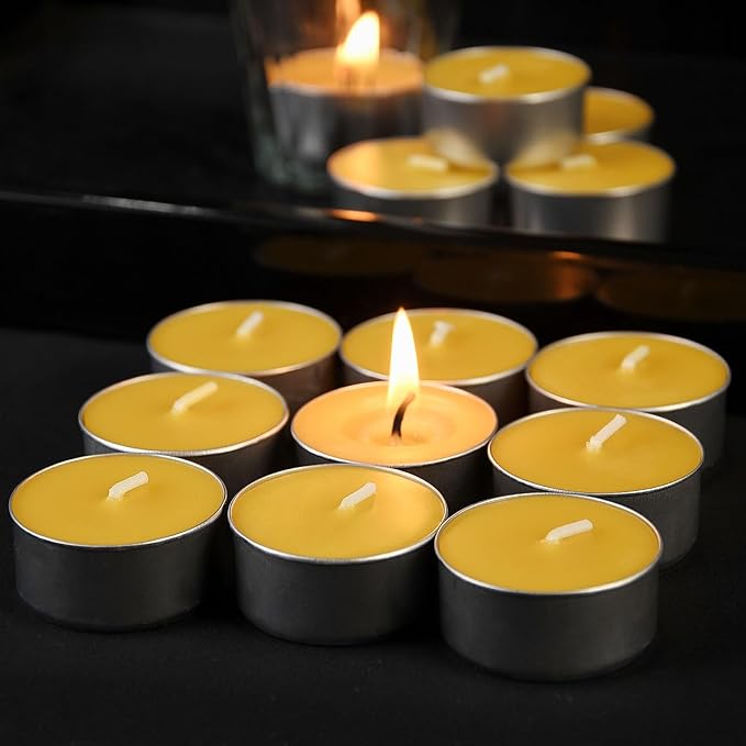 16 Packs Beeswax Tealight Candles,Natural Beeswax Tea Lights Candle in Aluminum Cups,4-5 Hour Burn Time,Unscented Smokeless Candles