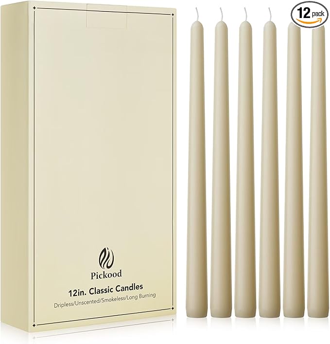 New Burning Formula Unscented Dripless 12-Inch Taper Candles Set of 12 - Ivory, for Wedding, Dinner - Smokeless, Long Burning - Hand Poured, Colored Tall Candlesticks - Marfil