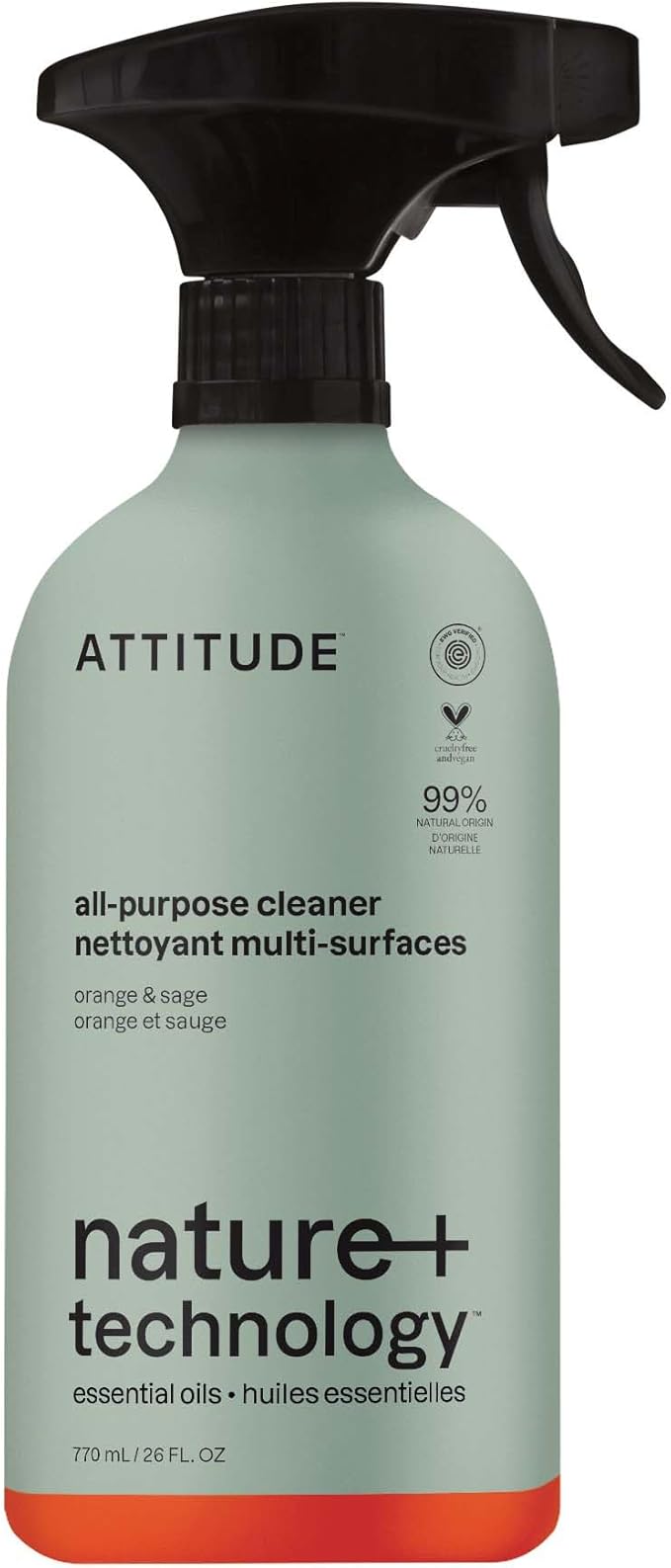 ATTITUDE All-Purpose Cleaner Spray, Plant-Based Ingredients, EWG Verified, Streak Free, Ammonia Free, Removes Fingerprints, Dust and Dirt, Sage & Orange, 26 Fl Oz
