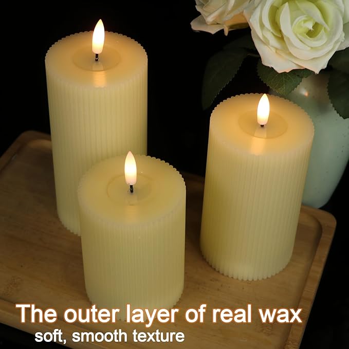Real Wax Flameless Candles with 6hrs Timer, Battery Led Pillar Candles Flickering 3D Wick Pack of 3 Striped Candles, Party Dinner Home Decor House Warming, Ivory Φ 3" H 5" 6" 7"