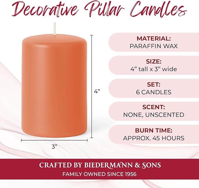 Biedermann & Sons 45-Hour Long Burning Unscented Pillar Candles, Peach, 3 x 4 Inch - Set of 6