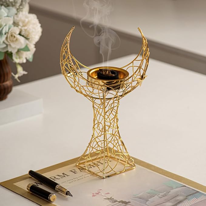 Middle Eastern Moon Shaped Metal Incense Burner Arabic Incense Holder Pot Metal Candlestick Candle Stand Stylish Desktop Aromatherapy Furnace for Aromatherapy Yoga Spa Home Decor