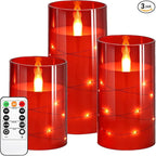Flashing Flameless Candles with String Light, Battery Powered Candle, Recessed String LED Candle, Indestructible Plexiglass Candles with Remote Control, 3 Piece Set, Red