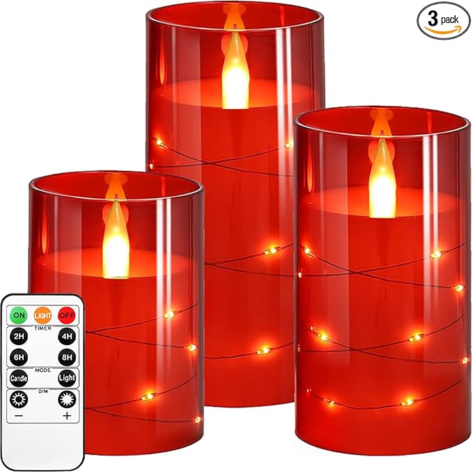 Flashing Flameless Candles with String Light, Battery Powered Candle, Recessed String LED Candle, Indestructible Plexiglass Candles with Remote Control, 3 Piece Set, Red