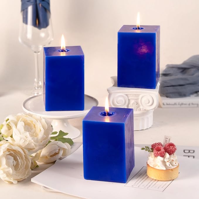 KONNI Square Classic Blue Pillar Candles Set of 3, 2.8"x 4" Unscented Pillar Candles Bulk, 30 Hours Long Burning Candles, Smokeless Dripless Large Candle for Wedding, Home Decoration, Parties, Spas