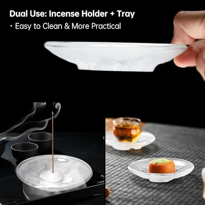 Glass Incense Burner Holder with 3D Base Design - 4.5" Frosted Hammered Texture Ash Catcher Tray, The Minimalist Design Burner for Stick Incense, Meditation Home Desk Accessory