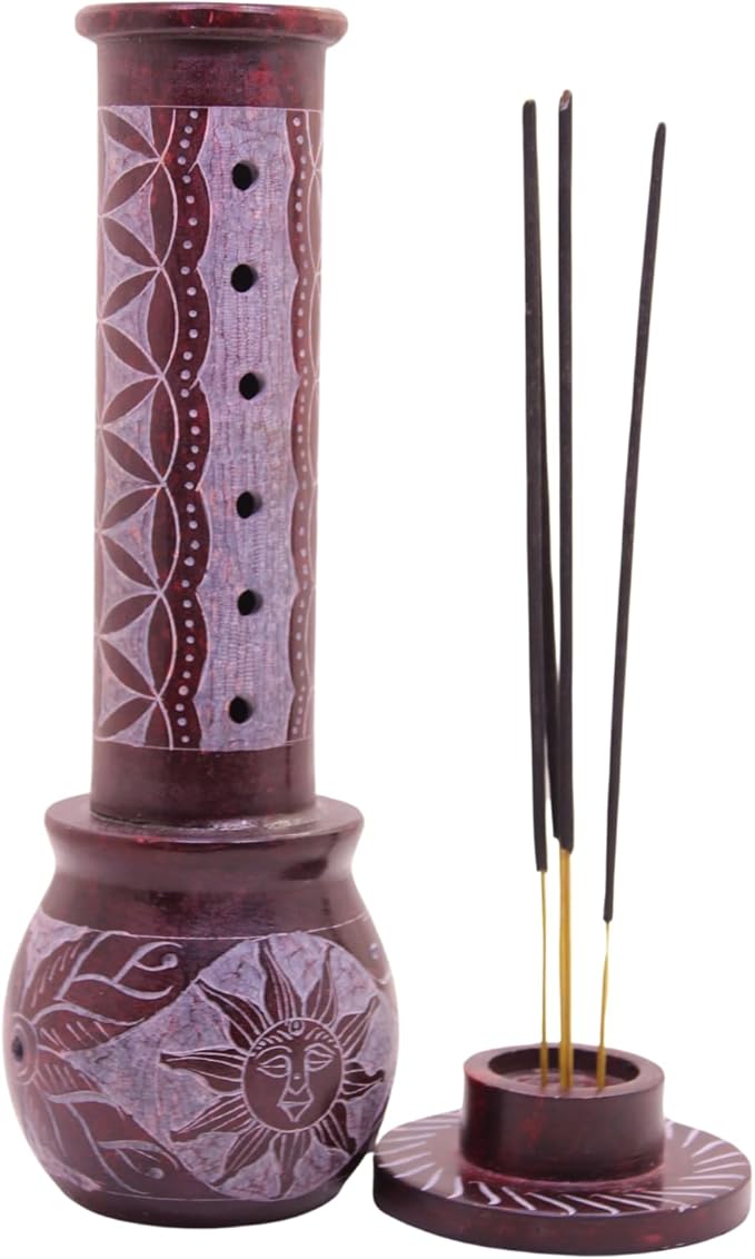 Marble Handmade Soapstone Red Incense Stick Holder | Candle Burner | Tea Light Holder - Round Jaali Carving for Gifting. Decorative Home and Office Decor - (2.5 x 2.5 x 10 Inches)