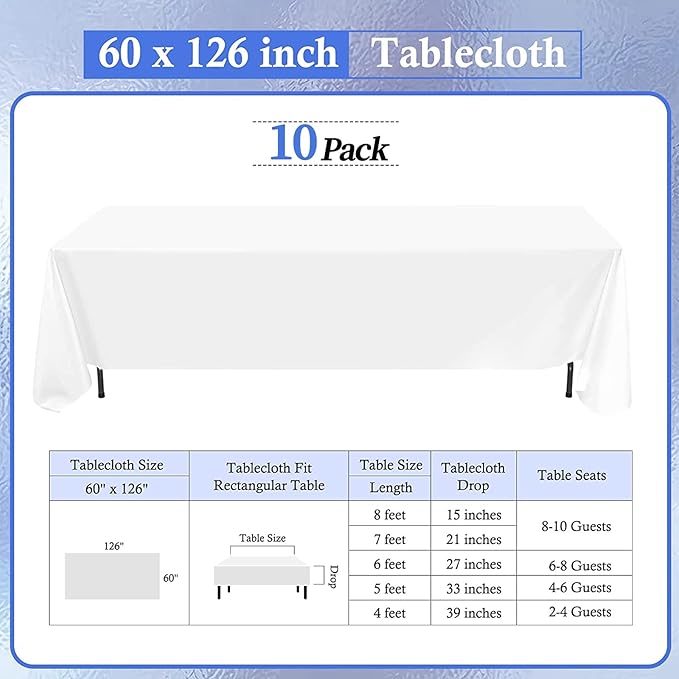 10 Pack White Tablecloths for 8ft Rectangle Tables 60 x 126 Inch - Polyester Table Cover Stain and Wrinkle Resistant Washable Fabric Table Clothes for Wedding Party Banquet Reception Restaurant